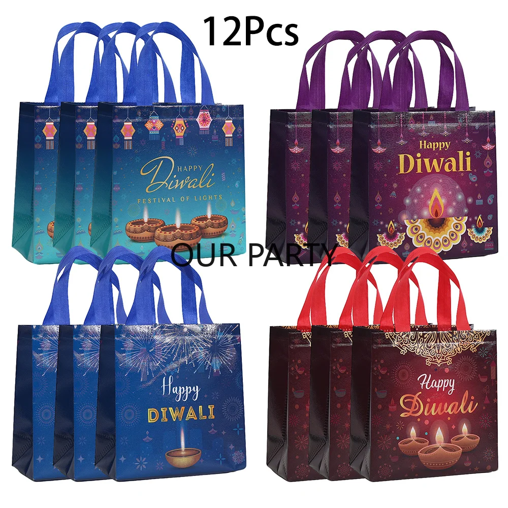 12Pc Happy Diwali Theme Non-Woven Gift Packing Bag Candle Candy Cookie Bag for India Diwali Festival Party Favors Bag Decoration