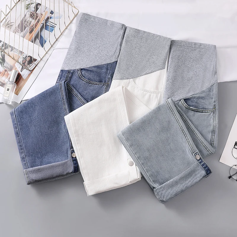 Spring Thin Denim Maternity Straight Jeans Wide Leg Loose Straight Belly Pants Clothes for Pregnant Women Pregnancy Leggings