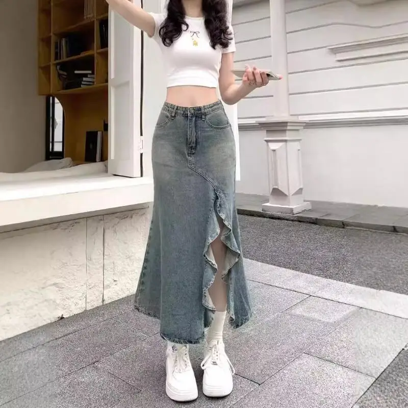 Spring Summer New Women Clothing Retro Elegant Mid Length Denim Skirt Fashion Versatile Irregular Slit High Waist Fishtail Skirt