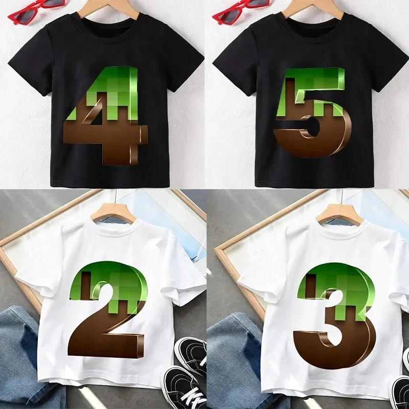 T Shirt Children New Happy Birthda Baby Kids Cartoon Print Mc Game Number 2-9th Name Print T-shirts Boy&Girl Gift Tshirt Present