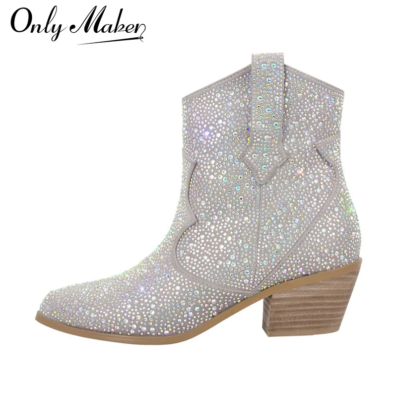 Onlymaker szpiczasty nosek botki srebrny jasny Rhinestone brokat Bling błyszczący Super ładny świecący wspaniała sukienka Cowgirl buty