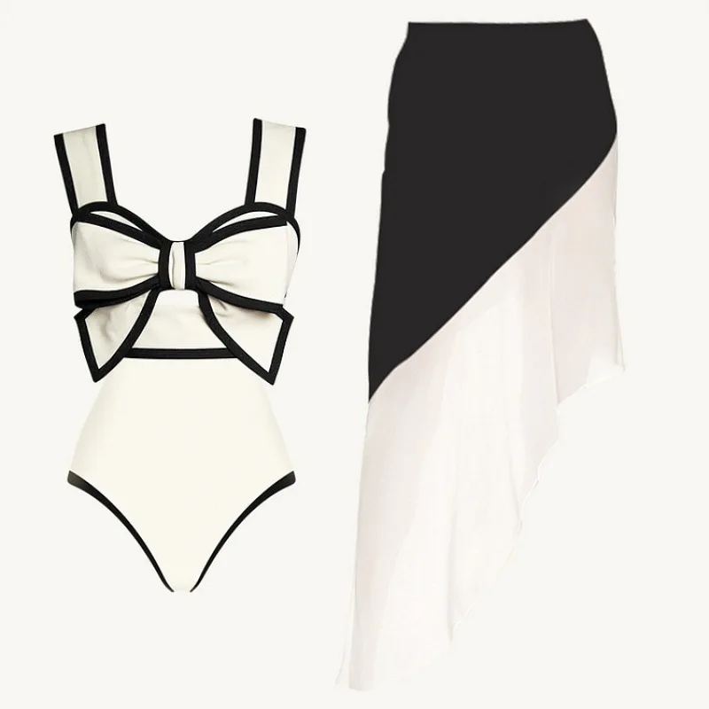 2024 Black White Retro One Piece Swimsuit Women Bow Tie Swimwear with Skirt Sexy Bathing Suit Monokini Beach Bodysuit Beach Wear