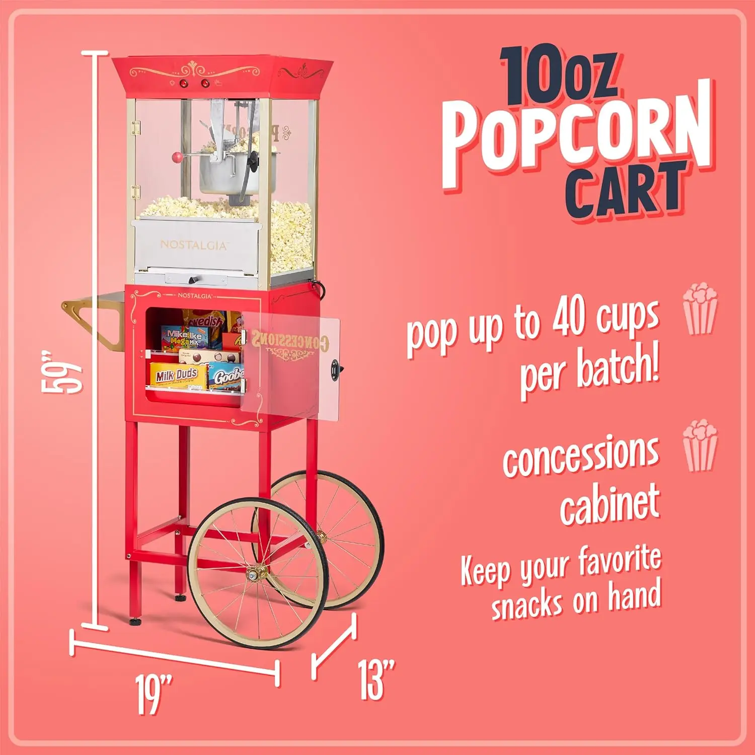 Nostalgia Popcorn Maker Machine - Professional Cart With 10 Oz Kettle Makes Up to 40 Cups with Candy & Kernel Dispenser -  Red