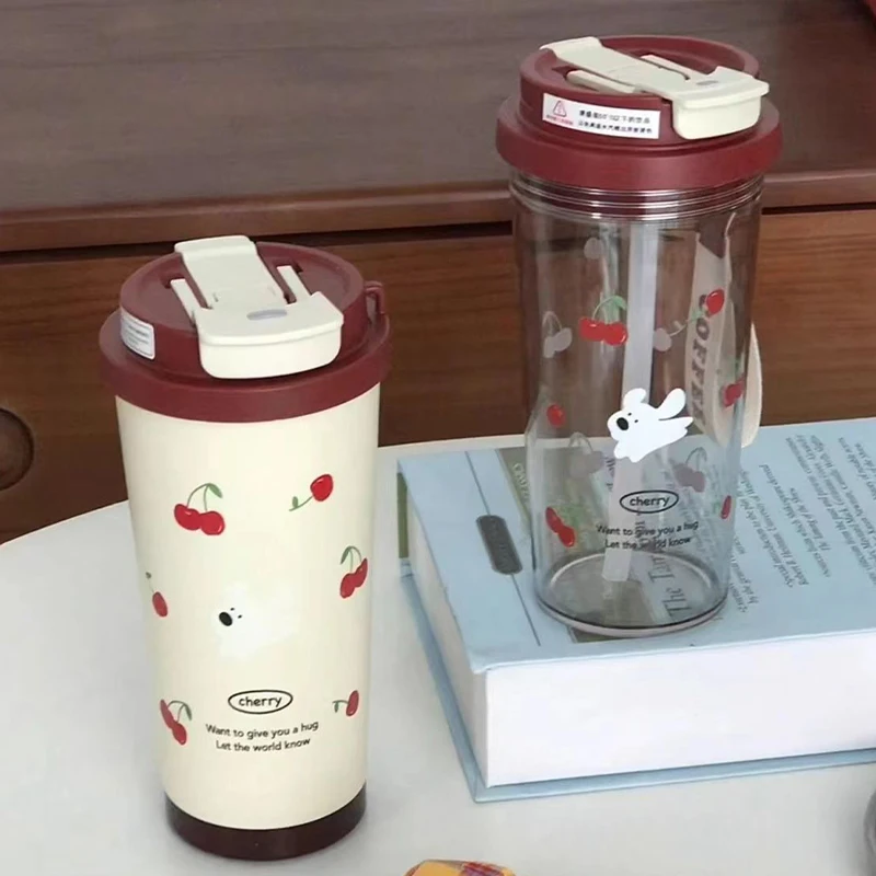 Cute Cherry 550Ml Student Double Drinking Straw Thermos Cup Cartoon Sports Office Car Coffee Cup