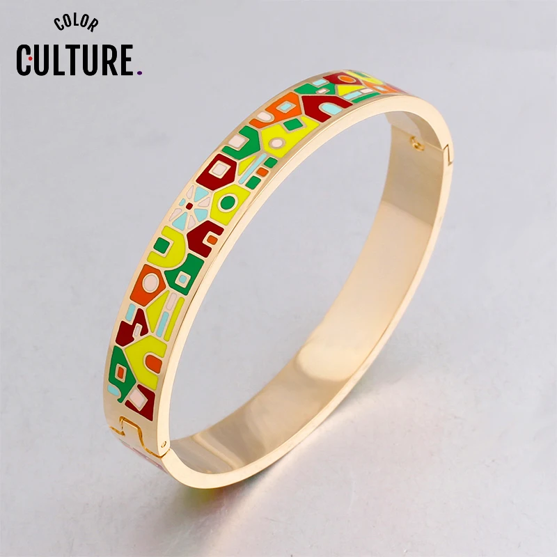 Color Culture New Fashion Stainless Steel Open Bangle For Women Gold Geometric Colorful Enamel Painted Bangles  Wedding Jewelry