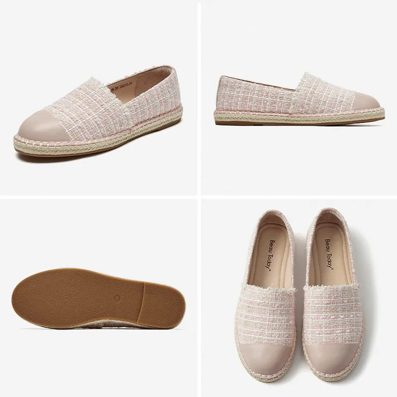 BeauToday mieszkania kobiety kożuch tkaniny kraty okrągłe Toe Slip On tkanina w kratę tkane słomy przypadkowi buty damskie Handmade 23428