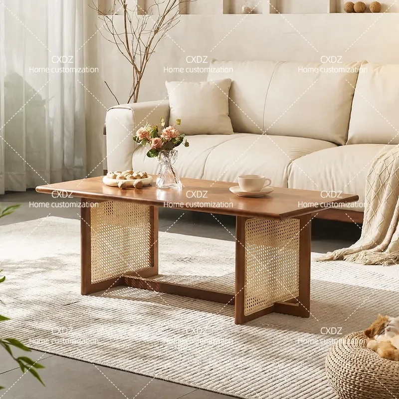 Japanese Style Solid Wood Tea Table Rectangular Household Small Coffee Table Living Room Rattan Ash Wood Bed and Breakfast