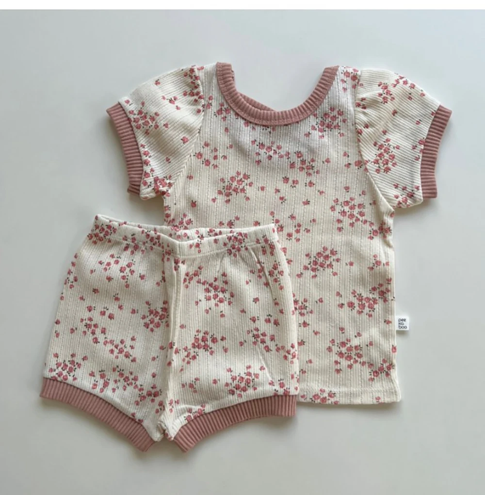 New Korean version 0-1-year-old baby home floral knitted cotton short-sleeved T-shirt shorts two-piece comfortable casual suit