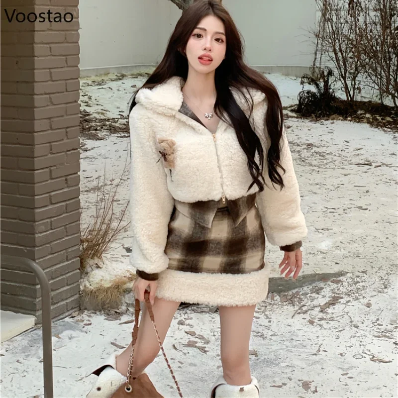 Autumn Winter Sweet Lolita Style Skirt Sets Women Cute Cartoon Bear Ears Hooded Plush Short Coat Mini Plaid Skirt 2 Piece Set