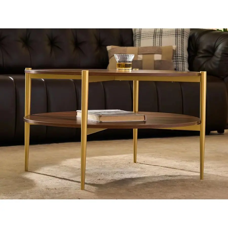 Mesa de centro redonda de vidrio, diseño moderno de mediados de siglo, D30 x H17 pulgadas, mesa redonda de dos niveles con estantes de MDF de nogal, elegante cono