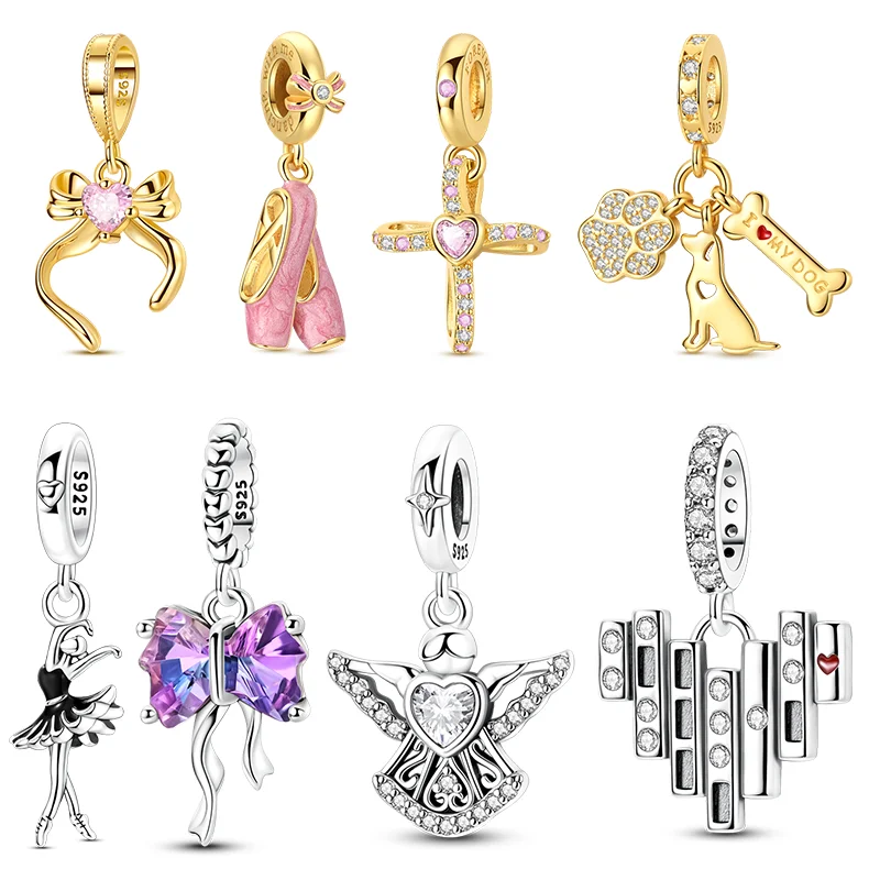 

Original 925 Sterling Silver Charms Golden Bow Dog Cross Beads Pendants Fit Bracelet Necklace DIY Pendants Jewelry Women Gift