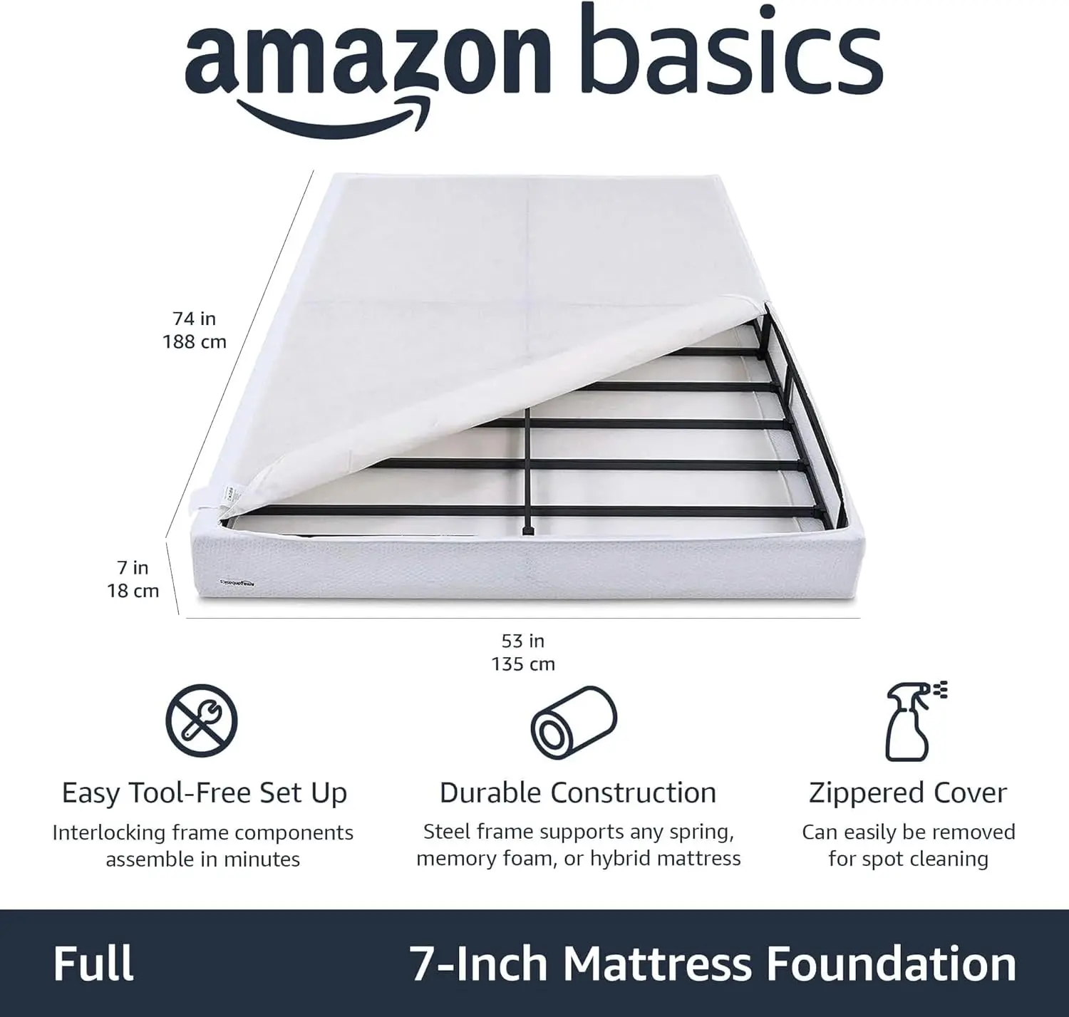 Smart Box Spring Bed Base, 7-Inch Height Mattress Foundation, Tool-Free Easy Assembly, Full, 74