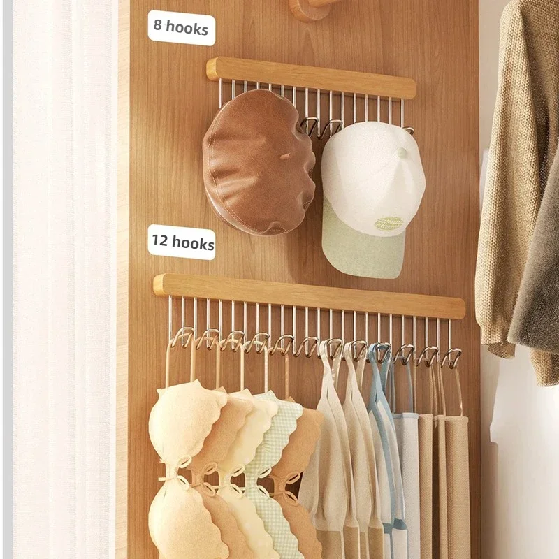 8/12 Hooks Retractable Wood Clothes Hanger Multifunctional Bra Storage Wall Mounted Wardrobe Hanger Clothes Organizer