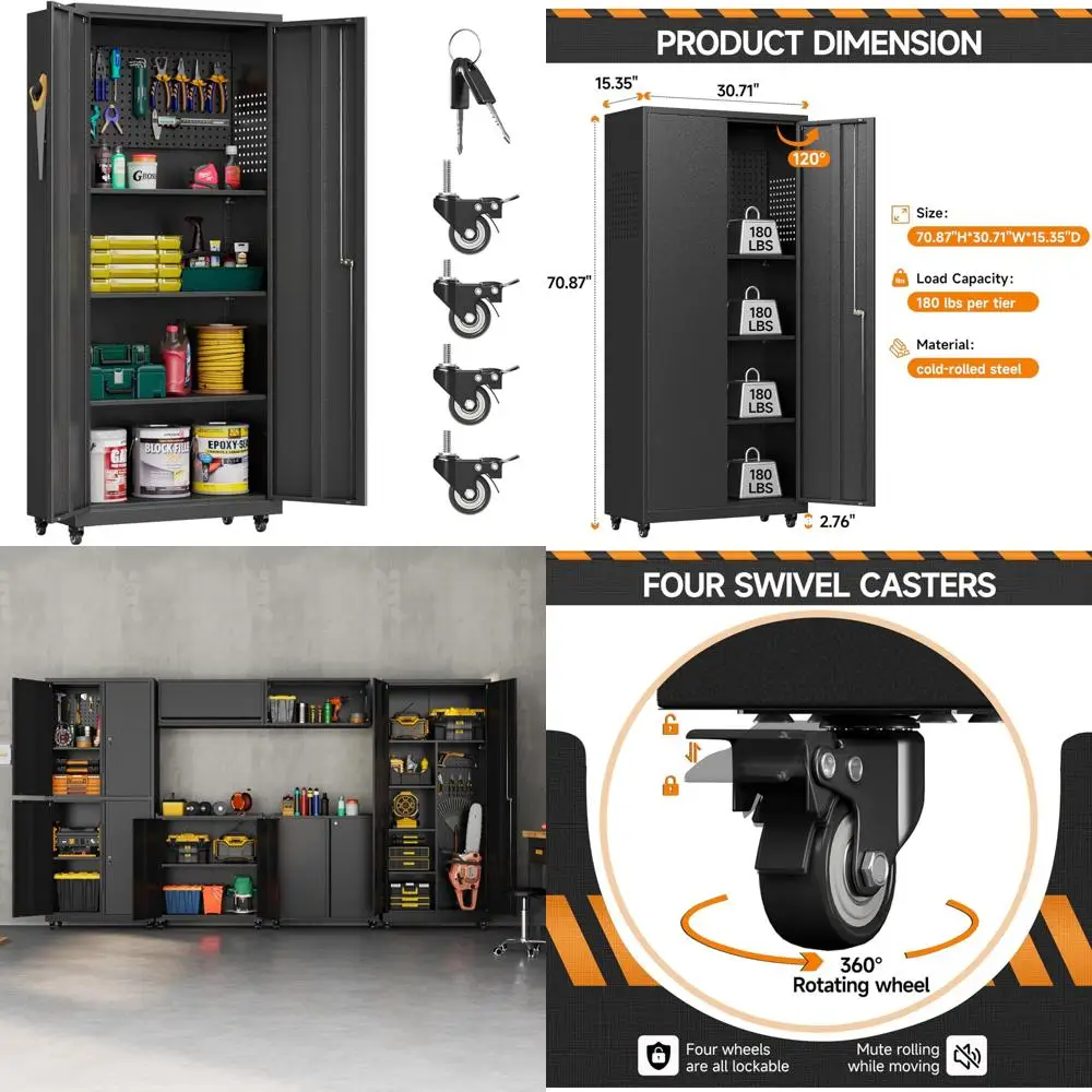 

Металлический шкаф для хранения в гараже с колесиками, 2-дверный регулируемый стеллаж для организации гаража, подвала и склада