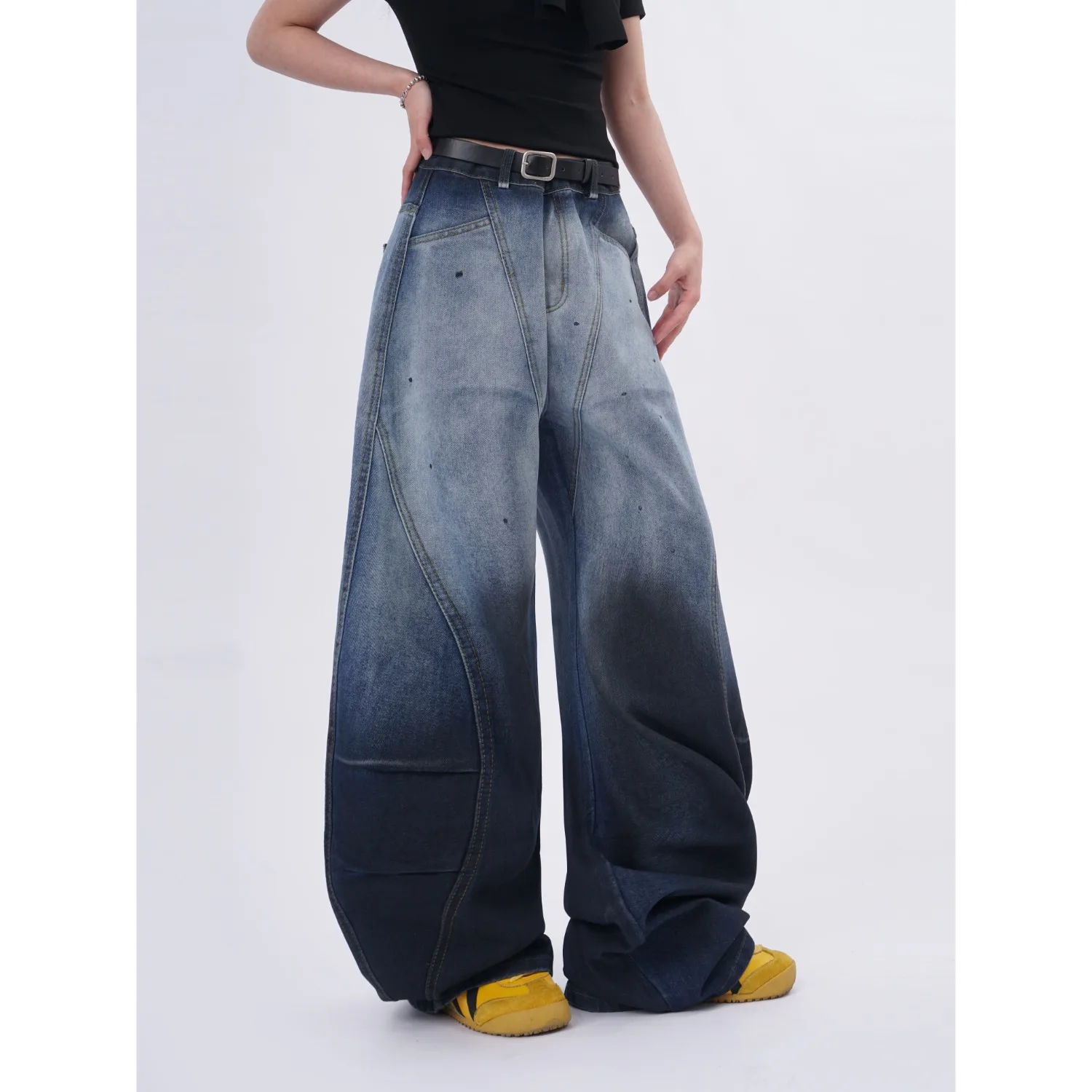 Damskie jeansy retro z gradientem, rozpryskami tuszu, luźne, z szerokimi nogawkami i zakrzywionym dołem, spodnie dżinsowe na wiosnę i jesień.