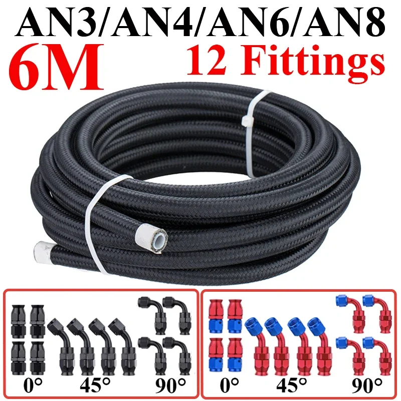 6M AN3 AN4 AN6 AN8 E85 Nylon PTFE Fuel Hose Car Oil Gas Cooler Line Pipe Tube 4x0° 4x45° 4x90° Swivel Hose End Fittings Adaptor