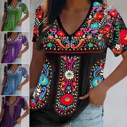 Blusa feminina Boho Vintage com decote em v manga curta étnica pulôver, flor bordada, impressão 3D, tops femininos, roupas de verão