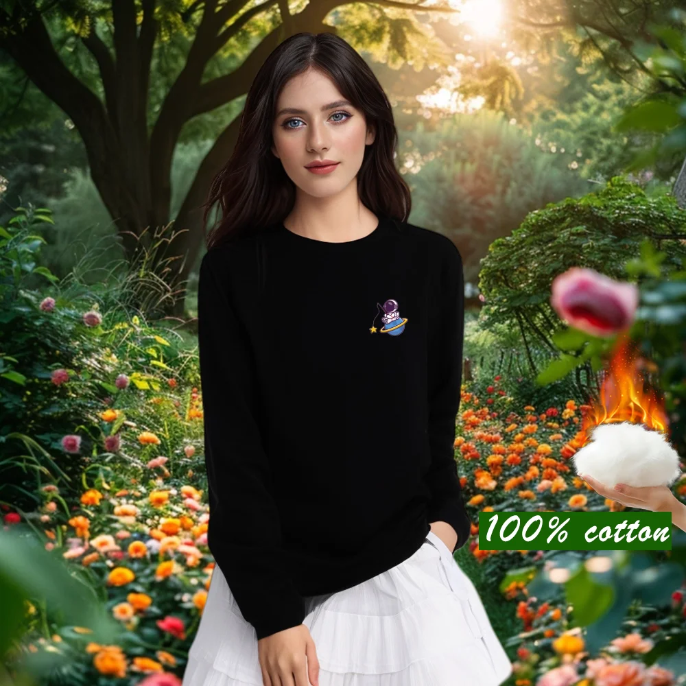 

100% pure cotton white Winter top Round Neck Women's sports T-shirt Outdoor Sports Top Crew Neck keep warm Cotton Casual Shirts