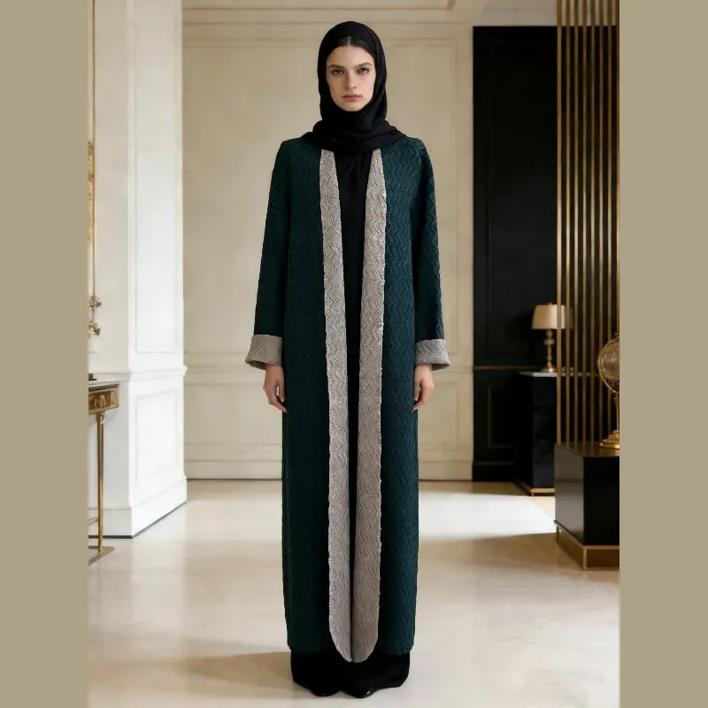 

Темно-зеленое макси-платье-абайя с контрастными вставками и текстурой шеврон, длинными рукавами, роскошный кафтан, скромное, элегантное, модное, для Рамадана