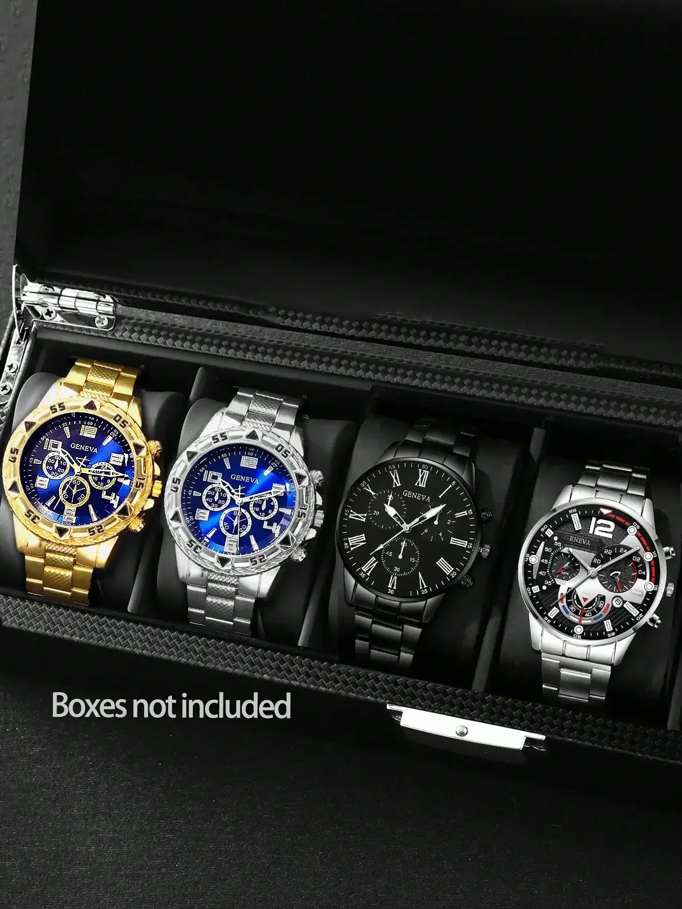 2pcs/4pcs Set Boys Stainless Steel Geneva Quartz Watch - Round Dial, Three-Eye Decoration, Zinc Alloy Case, Quartz Movement, Non-Waterproof