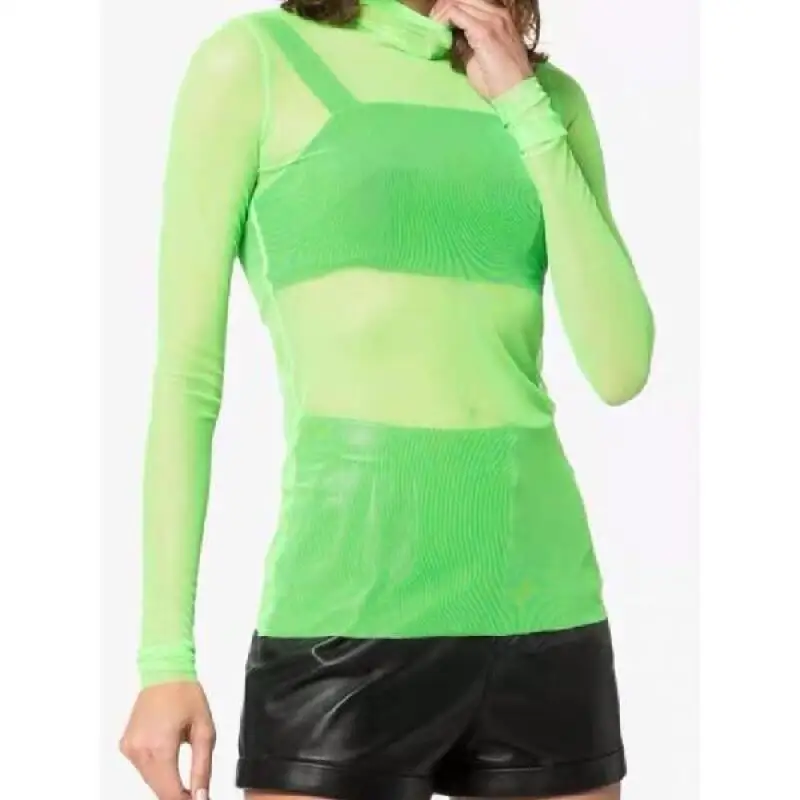 

Ice Silk Top Women Korean Style Solid Color Sweet Sexy Spicy Girl Fluorescent See Through Mesh Lace Long Sleeve Slim Fit