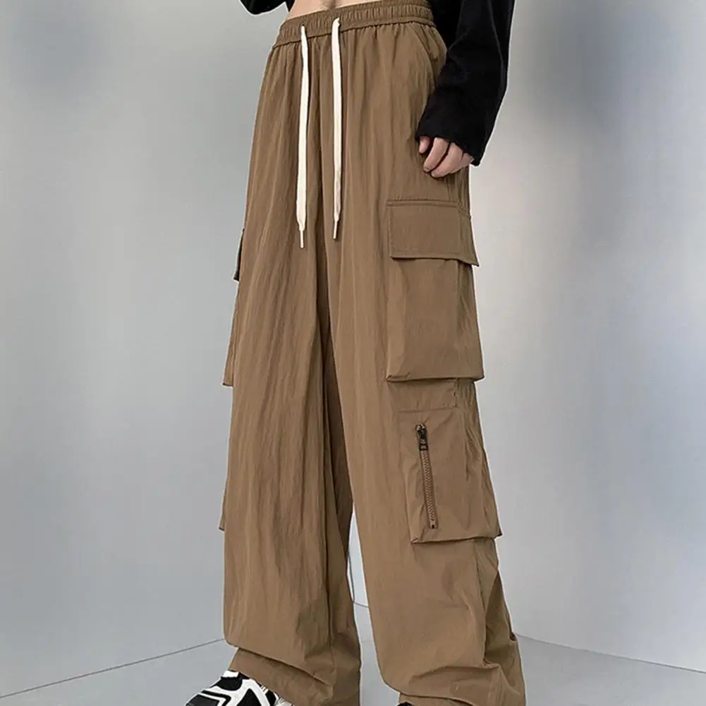 2024 Maillard Style Men Cargo Pants New Brown Drawstring Wide Leg Straight Leg Pants Multi Pockets Hip Hop Streetwear Trousers