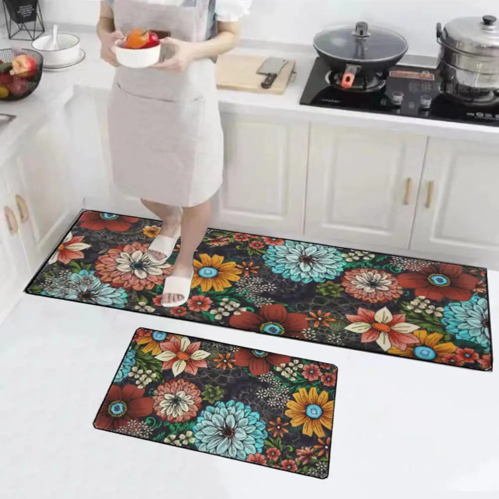 Bath Mat Kitchen Rug Floral Print Kitchen Carpets Vibrant Color Wear Resistant Non slip Mats for Easy Anti fouling Protection