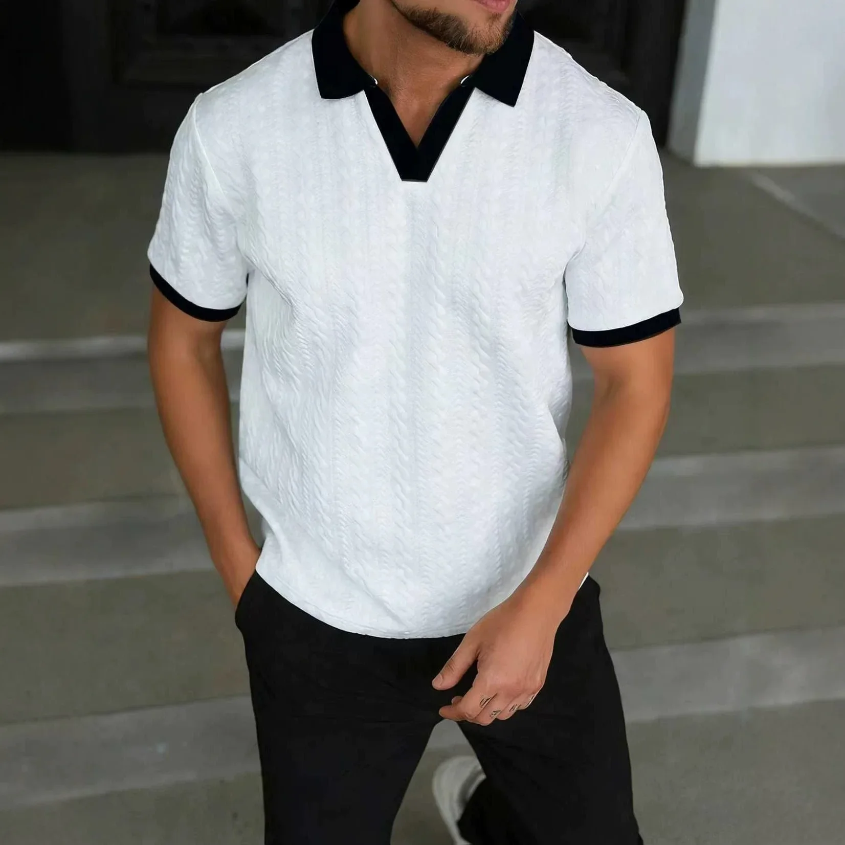 Summer New Men's Jacquard Knitted Polo Shirt Short Sleeve Business Casual Solid Color Men's Clothing