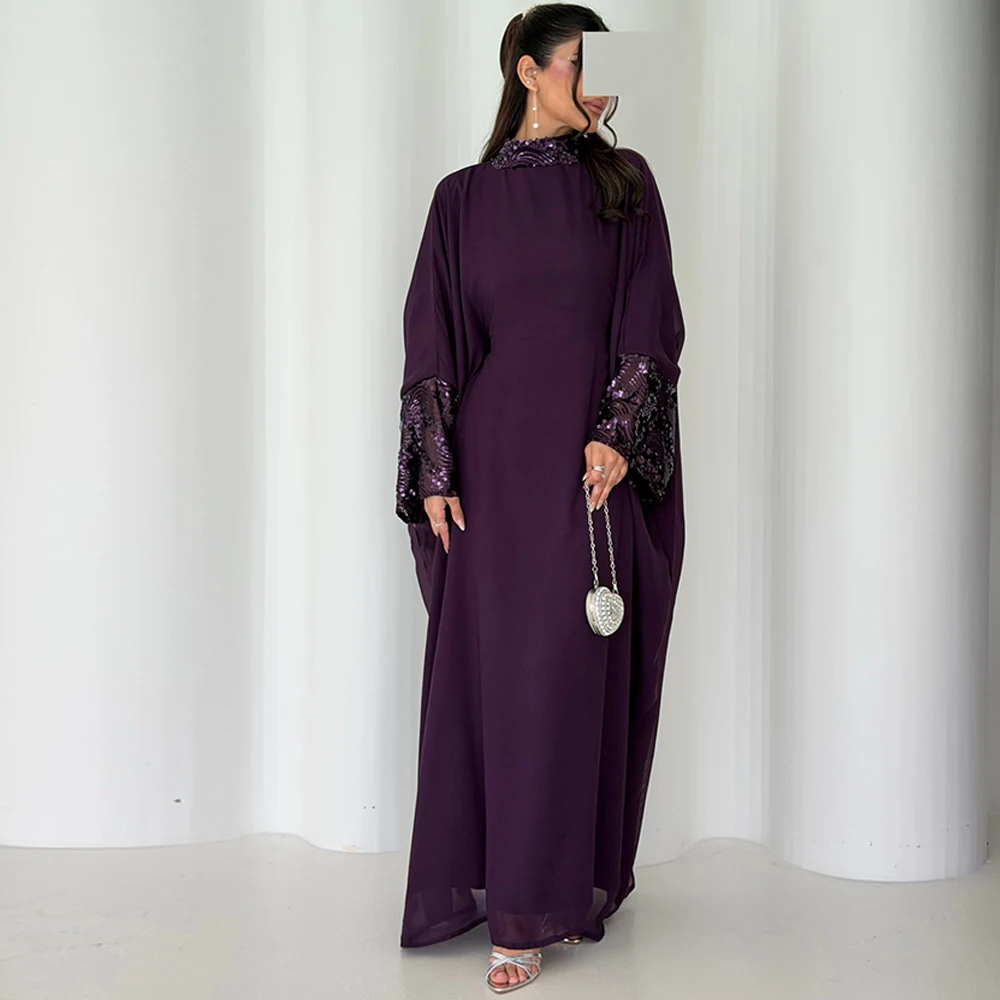 

Luxury Purple Chiffon Evening Dress Classic Long Sleeves Party Dresses Fashion Sequined Customized Special Occasion Gowns