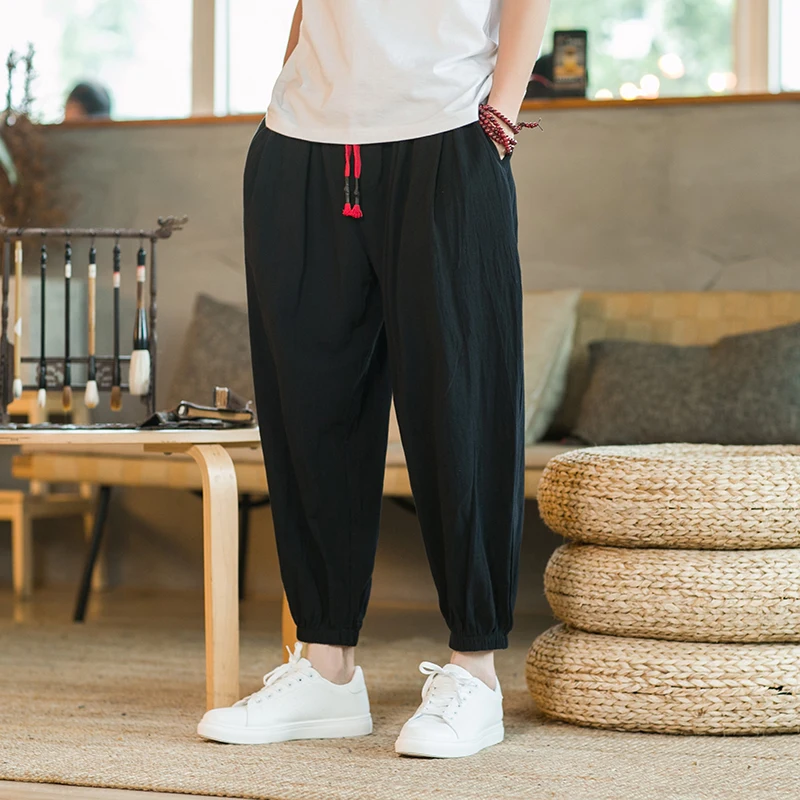 Loose Cotton Linen Casual Pants for Men Summer Thin Large Size Harem Pants Elastic Waist Loose Cuffed Casual Pants
