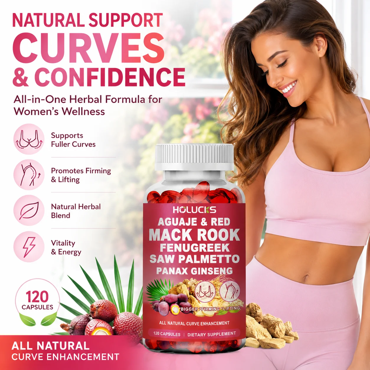 

Aguaje & Red Maca Root Capsules, with Fenugreek Saw Palmetto, Supports Full & Firming Buttocks, Breast Enhancement, Curvy Body