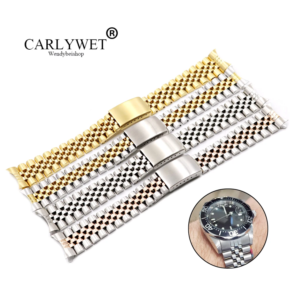 CARLYWET 19 20 22mm Two Tone Gold Hollow Curved End Solid Screw Links Replacement Watch Band Strap Old Style Jubilee Bracelet