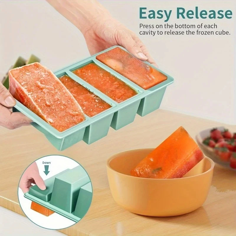 4-grid Large Strip Silicone Ice Tray Mold With Cover Suitable For Soup Broth Sauce Food Container Freezing Tray Easy To Demold