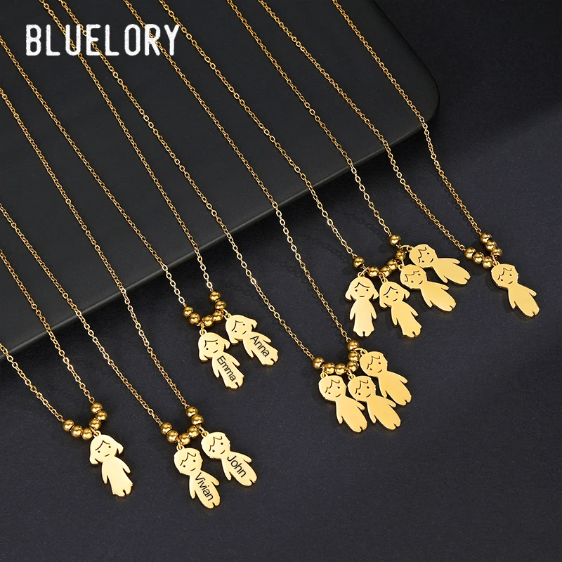 Bluelory Customized Engrave Your Kid's Name Women Necklace For Mom Gold Stainless Steel Carton Boy Girl Custom Jewelry Gift