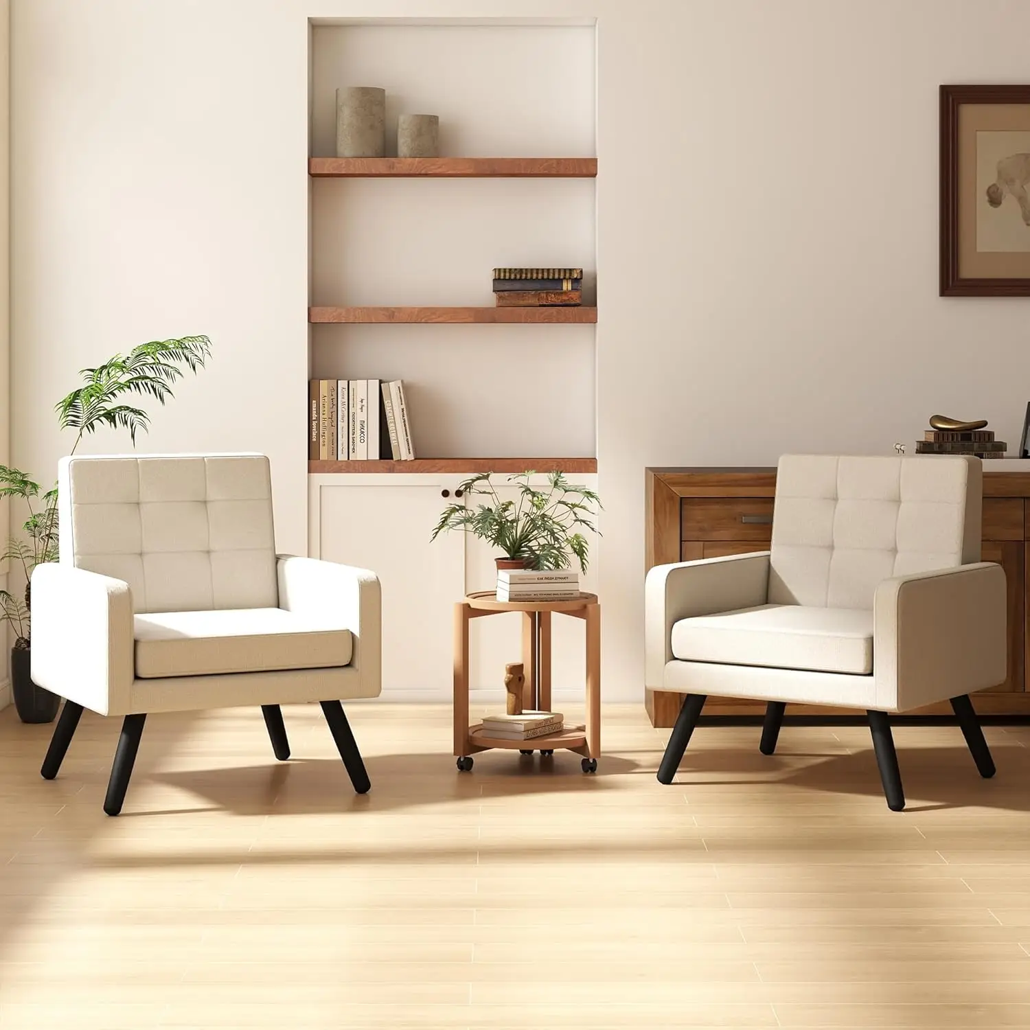 

Set of 2 Mid-Century Accent Chairs, Comfy Upholstered Armchair with Large Seat, 496 lbs Capacity, Cream