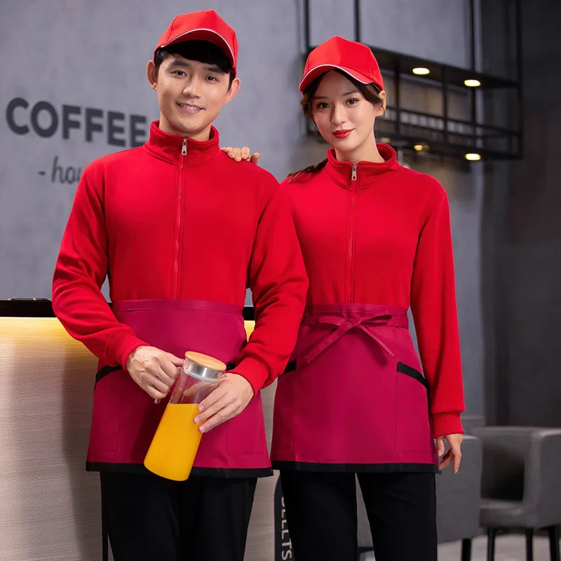 308 Fleece-Lined Enterprise Group Staff Workwear Catering Waiter Work Clothes Hot Pot Restaurant Barbecue Fast Food Sweater Long