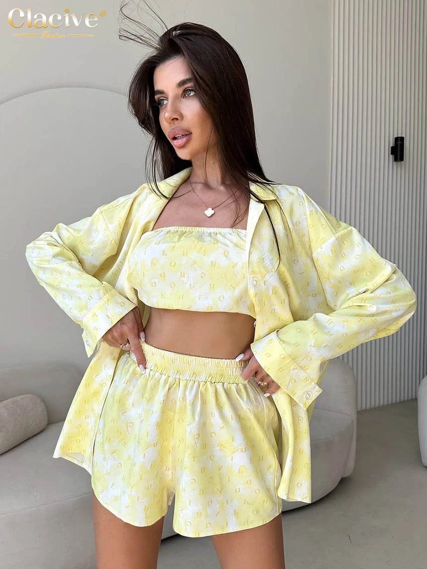 

Clacive Fashion Loose Print Women's 3 Pieces Set 2025 Elegant Long Sleeve Shirt + Tube Top With High Waist Shorts Set Female