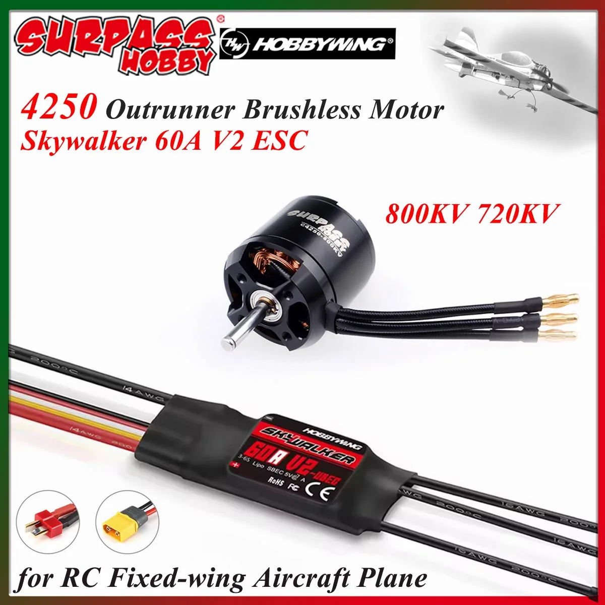 

Surpass Hobby C4250 4250 Outrunner Brushless Motor skywalker 60A V2 ESC Combo for RC Fixed-wing Aircraft Airplane Helicopter
