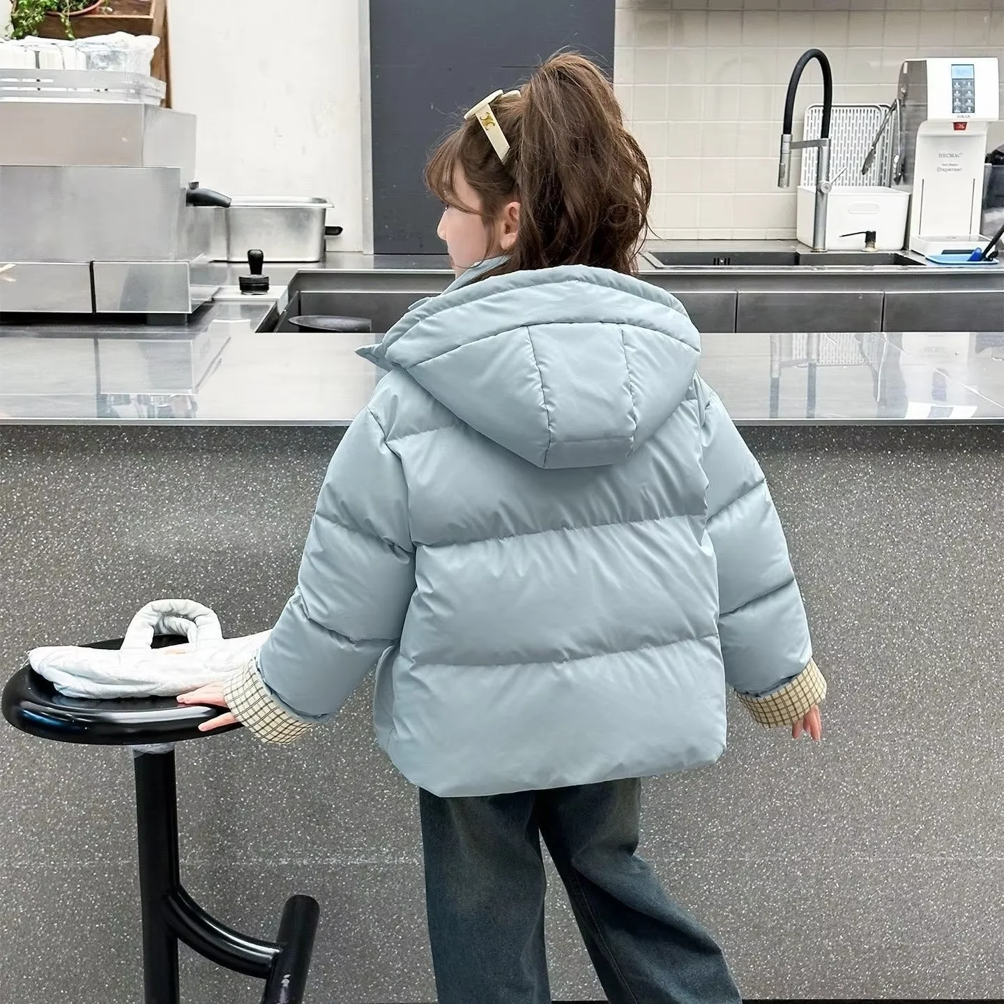 2026 New Girls Padded Jacket Winter Color Block Fleece Lined Warm Coat Big Kids Waterproof Cotton Down Jacket