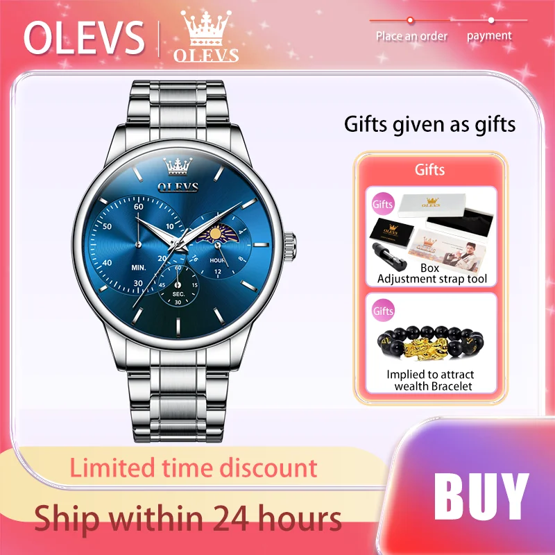 OLEVS Men Quartz Watch Moon Phase Waterproof Stainless Steel Strap Watch for Men Chronometer Fashion Business Original Watch