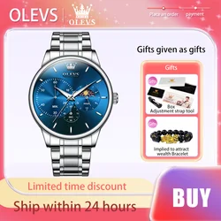 OLEVS Men Quartz Watch Moon Phase Waterproof Stainless Steel Strap Watch for Men Chronometer Fashion Business Original Watch