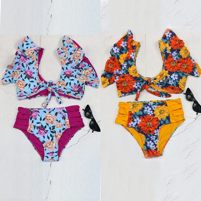 Maiô de babados de cintura alta feminino, maiô de duas peças, biquíni monokini, moda praia estampada, maiô de verão, 2021