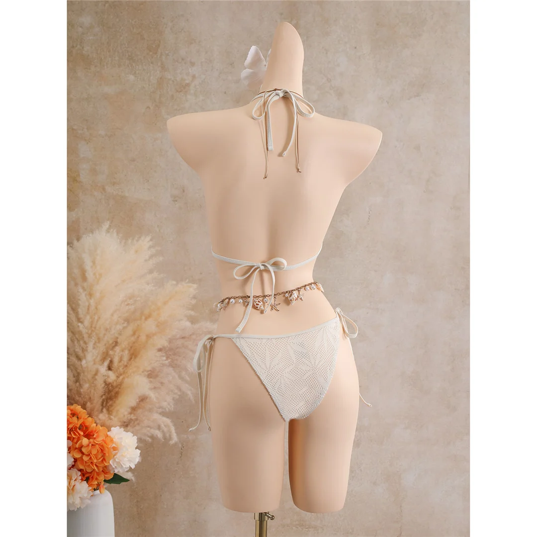 Mit Rockblättern bedruckter Neckholder-Bikini, Damen-Badeanzug, dreiteiliges Bikini-Set, Badebekleidung, Badeanzug, Schwimmbekleidung V8419 – Detail 8