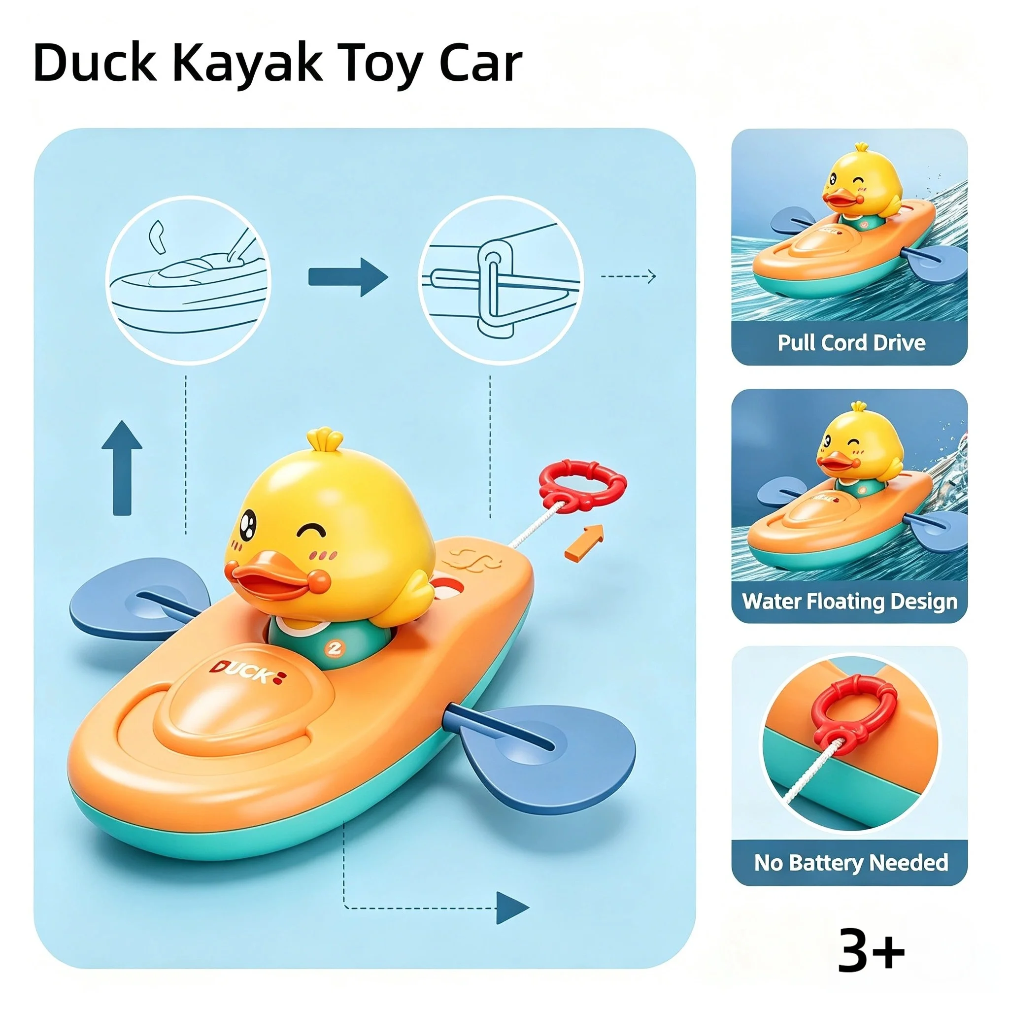 Best-Selling Overseas Model: Pull-String Little Yellow Duck Kayak Bath Toy, No Batteries Needed, Children's Water Play Toy, Early Education Educational Toy, Stress-Relief Item, Fun Bath Time Gift, High-Quality and Safe Abs Material, Stable Buoyancy Design, Parent-Child Interactive Bath Toy, Soothes Baby's Crying, Relieves Emotional Stress, Solves the Problem of Baby's Resistance to Bathing, Noise-Free and Non-Disturbing for Home Use, Suitable for Children Aged 3 and Above