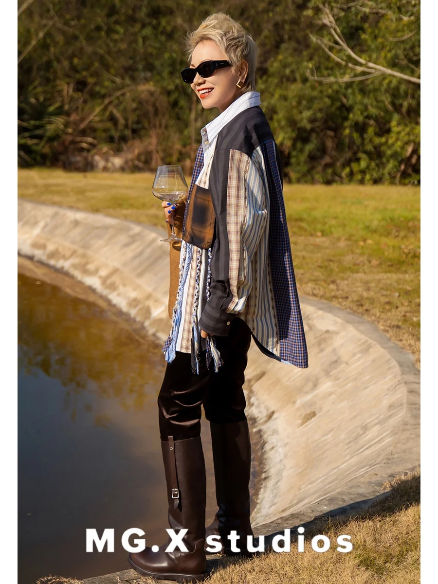 

Loose MGX irt Casual Sle Patchwork Design Tassel Decoration Small ence Sensation Pattern Matching Women's irt