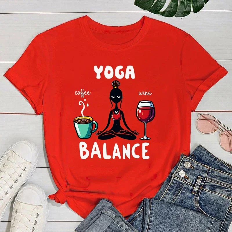 تي شيرت بأكمام قصيرة ورقبة مستديرة مطبوع على توازن اليوغا للنساء ، تي شيرتات كاجوال صيفية ، جديد