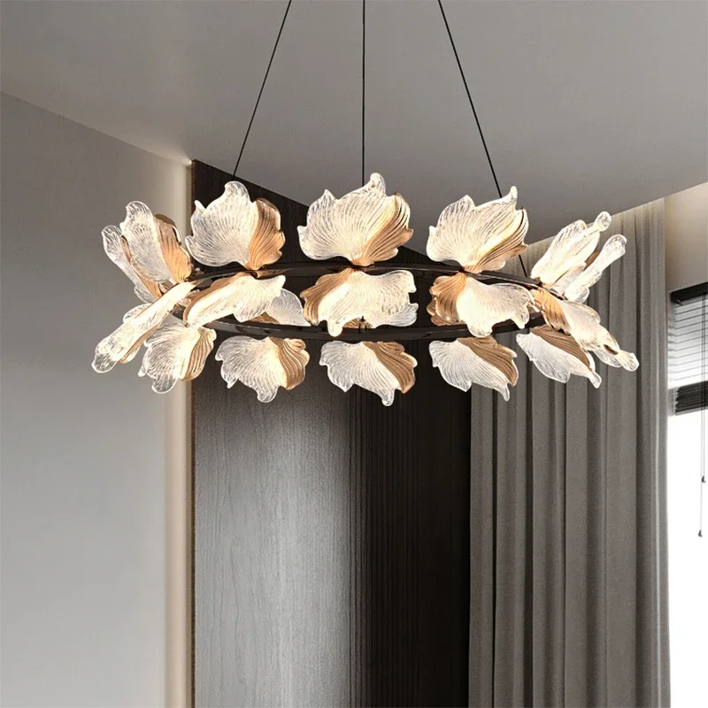 

REVEN Dimmable Chandelier Modern Luxury ring Petals Pendant Light with Adjustable Chain for Bedroom Kitchen Nordic Gold Luster