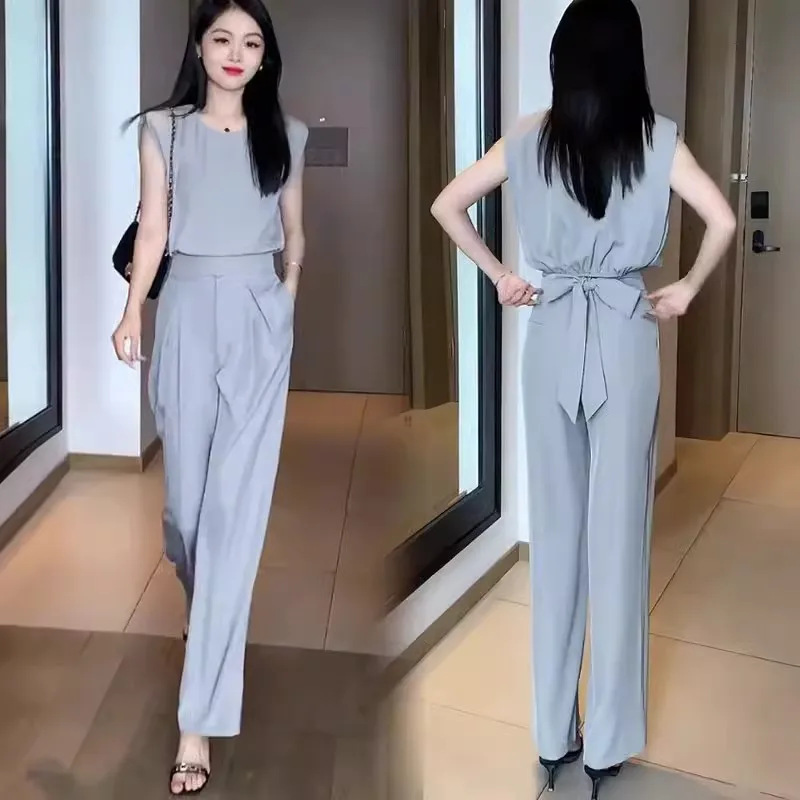 Fashion Drooping Wide-Leg Pants Suit Women\'s Summer New Western Temperament Slimming Fashionable Anti-Aging Casual Two-Piece Set