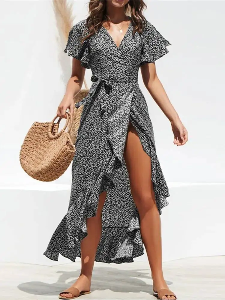Summer Beach Maxi Women Floral Print Boho Long Chiffon Ruffles Wrap Casual V Neck Split Sexy Party Dress Robe Femme