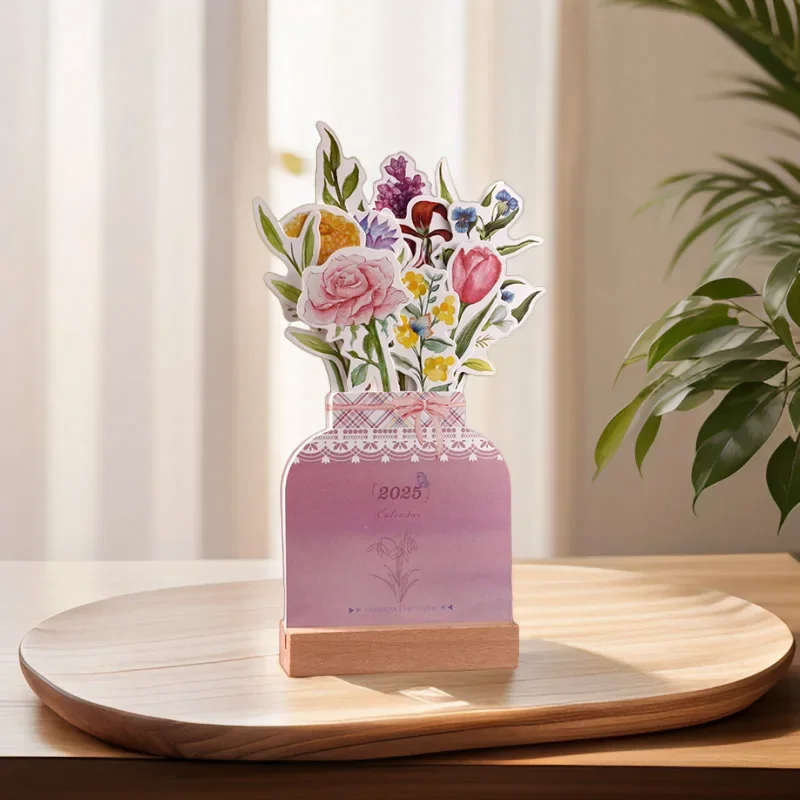 2025 Bloomy Flower Desk Calendar Creative Wooden Card Calendar High Quality Desktop Calendar Illustrator Decorate Supplies